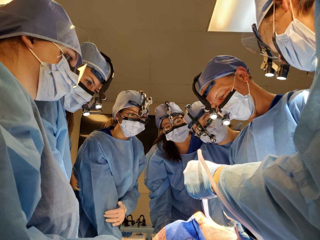 Dentists participating in hands-on surgical training during a continuing education program.