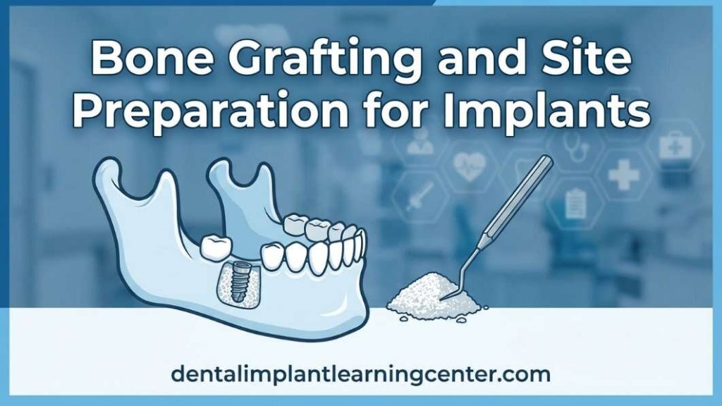 Bone grafting and site preparation for implants illustration showing a dental implant placed in the mandible with bone graft material packed around the site and a graft instrument